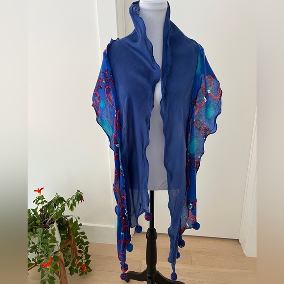 SCARF Blue Sheer Bias Cut Two Tone Blue Circles Pom Poms Ruffle Artsy Casual - Picture 2 of 12